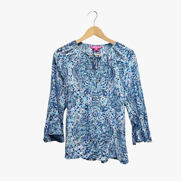 Lilly Pulitzer Willa Flounce‎ Sleeves Top Blue Women’s Size Small - Picture 2 of 9